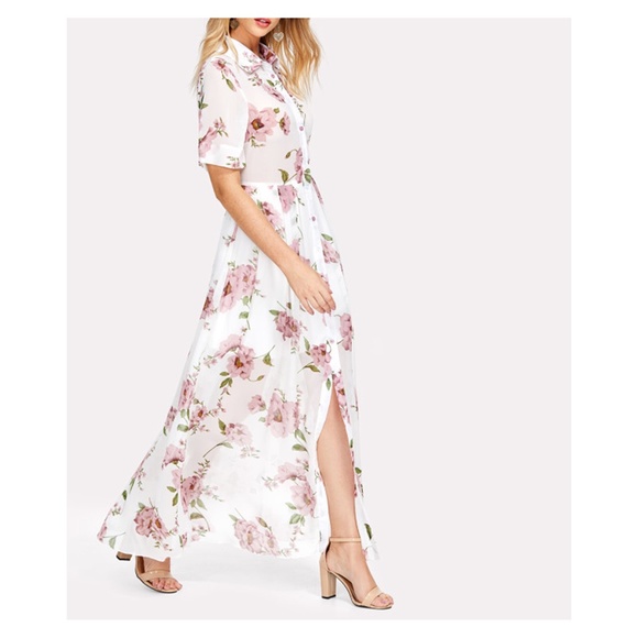 White Floral Button Down Chiffon Maxi Dress - Picture 3 of 5